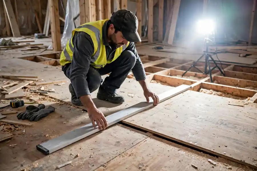 Worker checking a subfloor for flatness with a long straightedge