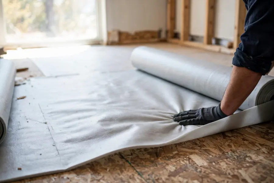 Single layer of underlayment being laid on a subfloor before laminate flooring