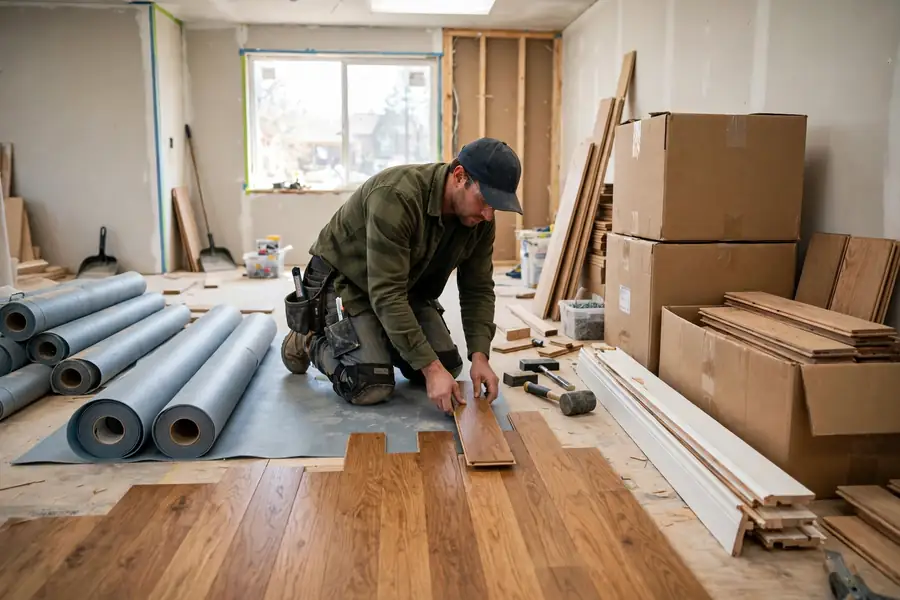 Flooring installer laying hardwood planks with underlayment and trim nearby