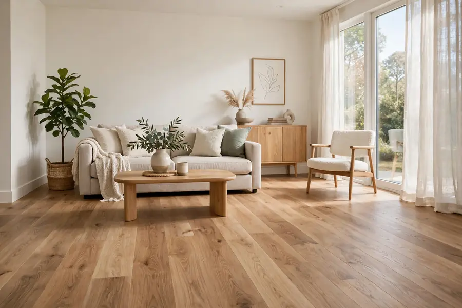 Wide-plank solid hardwood flooring installed in a bright living room