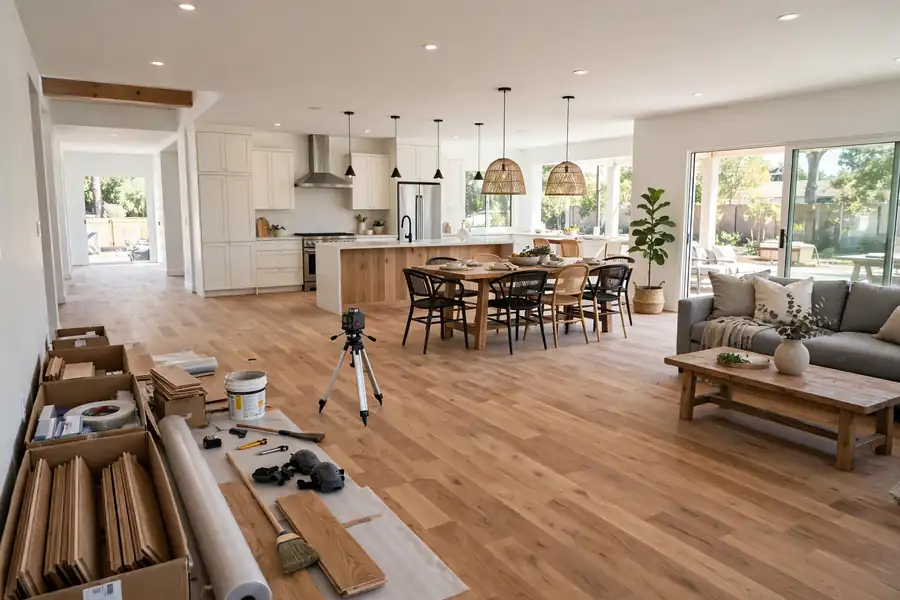 Large open-plan room with hardwood flooring throughout