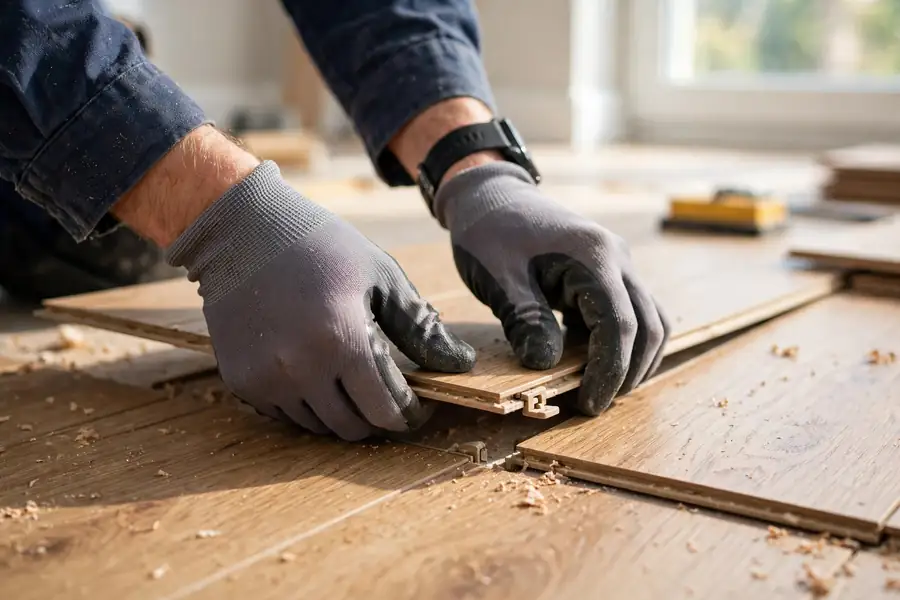 Worker installing laminate flooring planks with click-lock joints