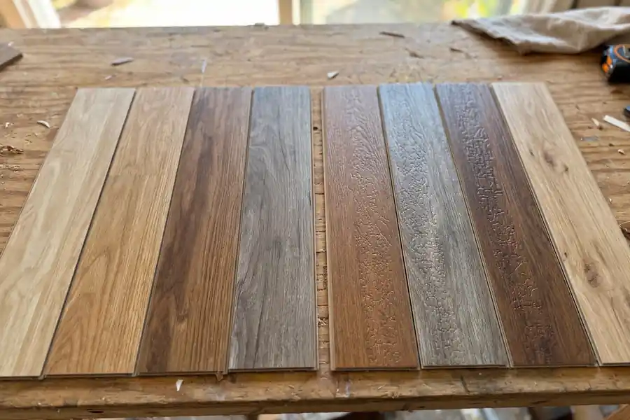 Laminate and vinyl plank flooring samples laid side by side