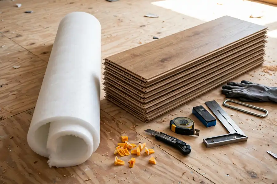 Laminate installation supplies including underlayment, planks, and tools