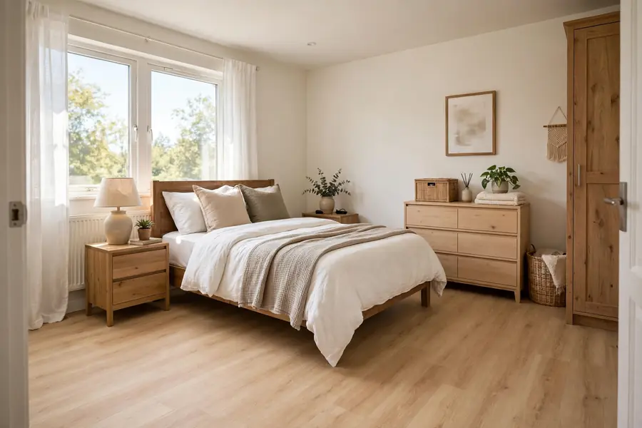 Bedroom with newly installed laminate flooring