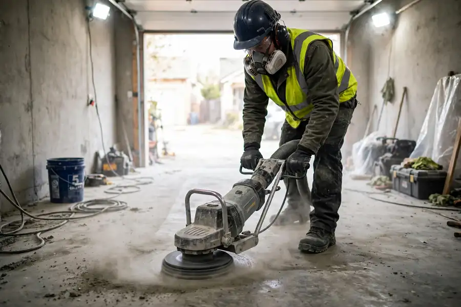 Worker grinding a concrete garage floor in preparation for epoxy