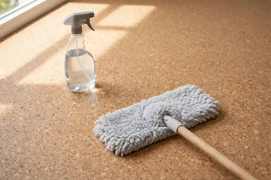 Cork floor with gentle cleaning supplies, a soft mop and spray bottle