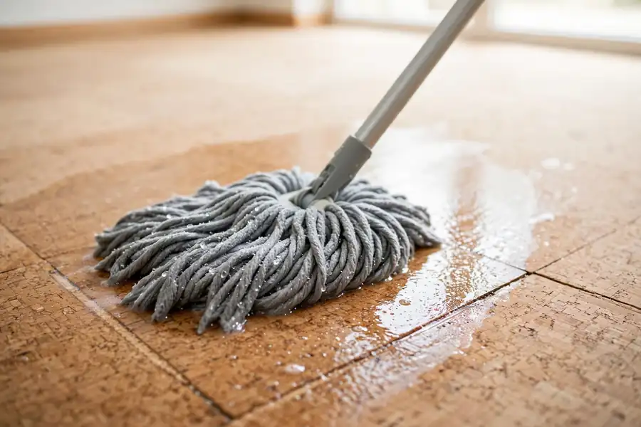 Lightly damp mop cleaning a cork floor