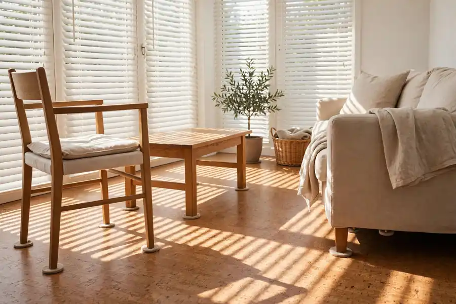 Sunny room with cork flooring, window blinds, and furniture on felt pads