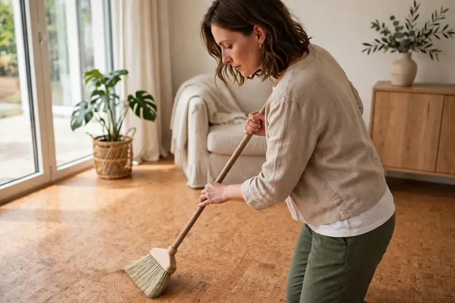 Person sweeping a warm cork floor with a soft broom