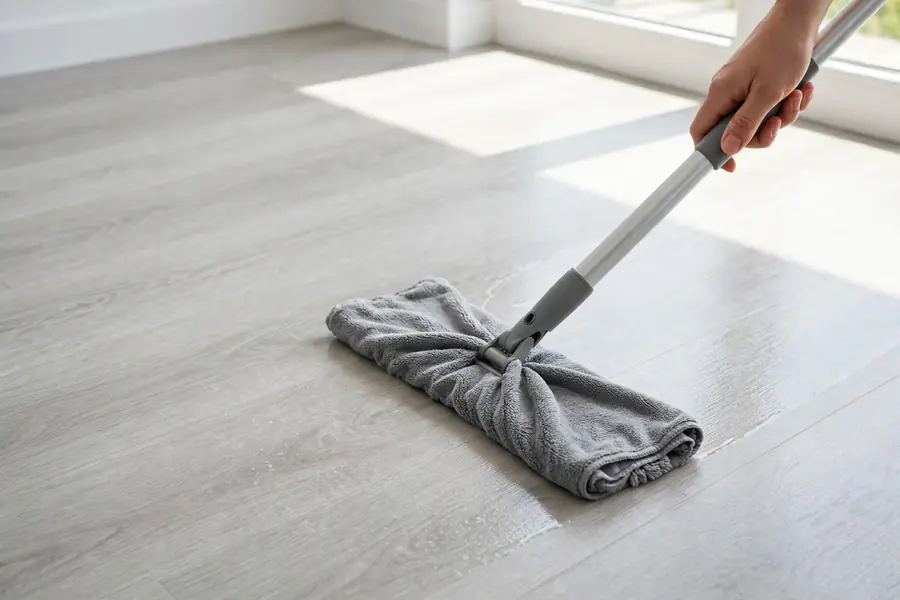 Wrung-out microfiber mop cleaning a vinyl floor