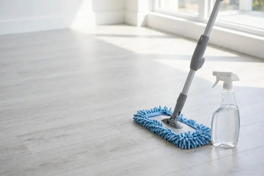 Clean vinyl floor with gentle cleaning supplies nearby