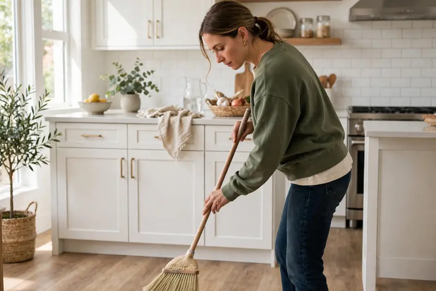 Person sweeping a clean vinyl plank floor with a soft broom
