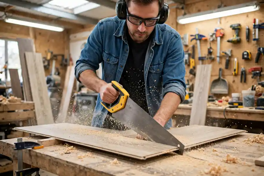 Worker cutting a laminate plank face up with a saw