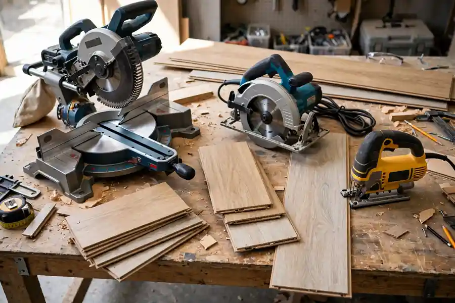 Laminate cutting tools on a workbench including a miter saw and circular saw
