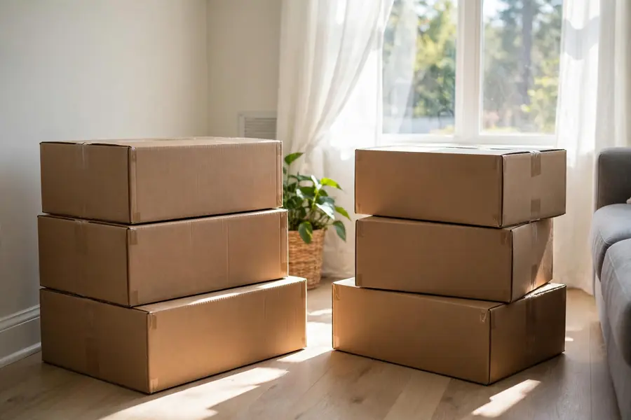 Unopened laminate flooring boxes acclimating in a room