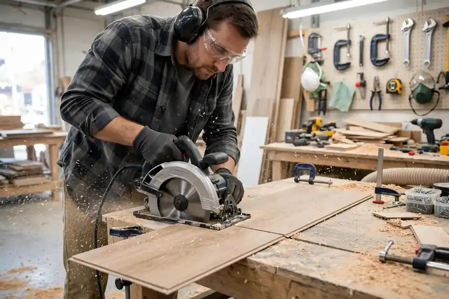 Worker cutting a laminate plank with a circular saw