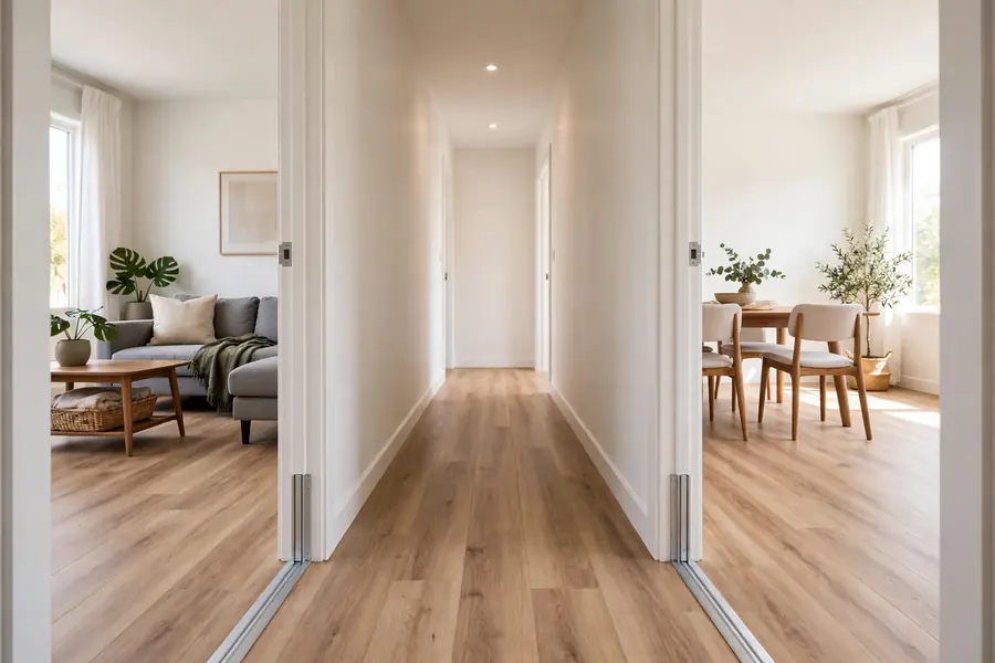 Laminate flooring in two rooms joined by a hallway with T-molding at the doorways