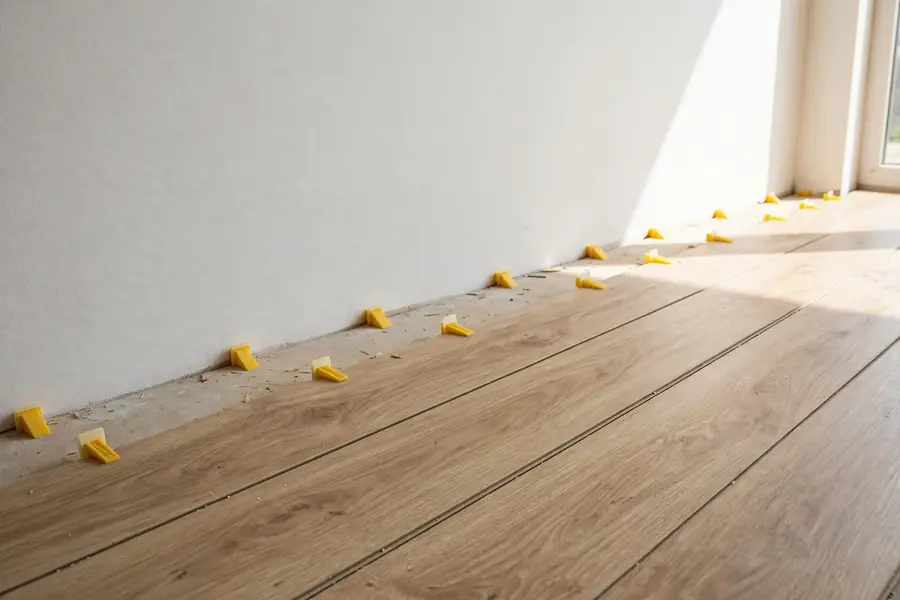 First row of laminate flooring laid along a wall with spacers