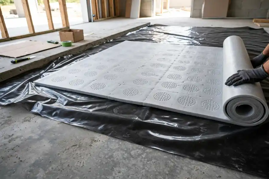 Underlayment and vapor barrier being laid over a concrete slab
