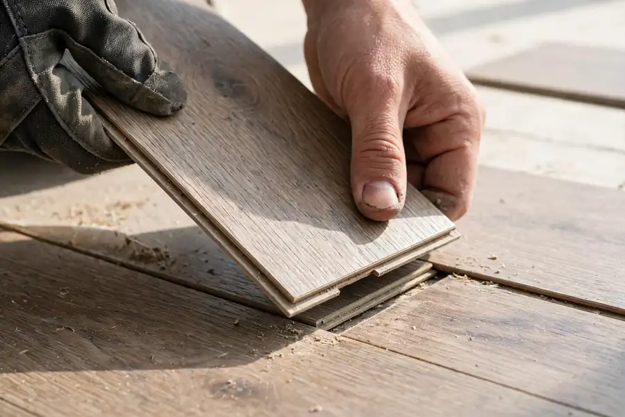 Close-up of a worker angling a vinyl plank into a click-lock joint