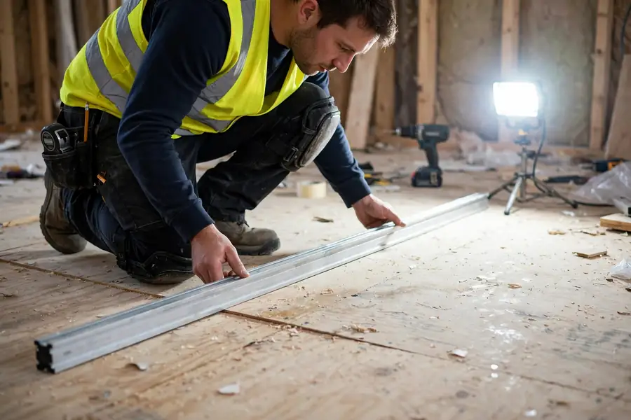 Worker checking subfloor flatness with a long straightedge