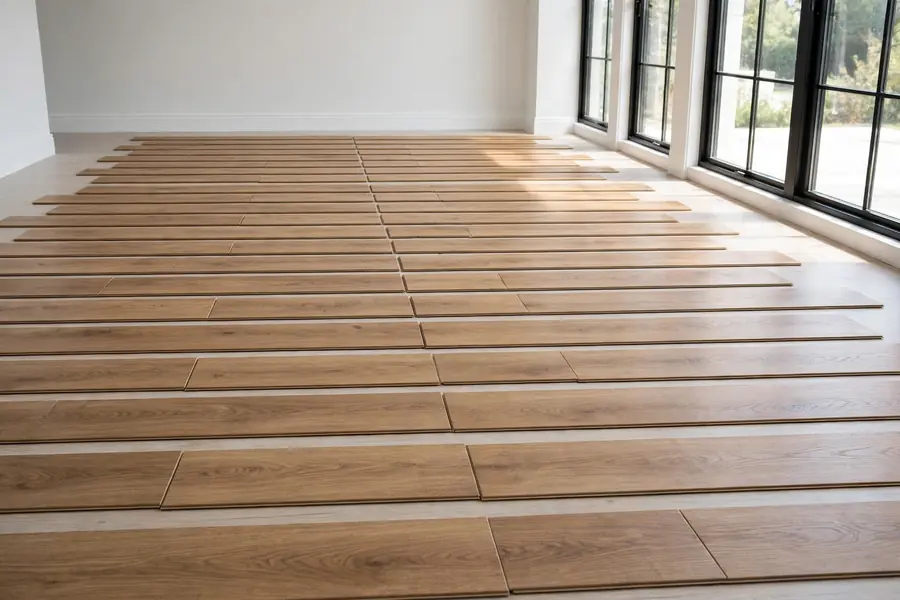 Vinyl planks laid out in rows in a room with balanced end rows