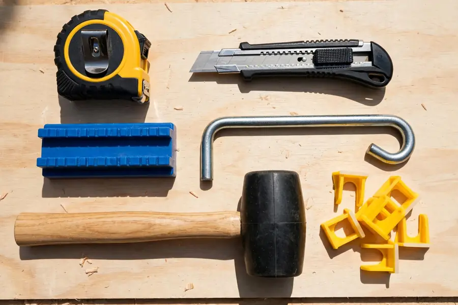 Vinyl plank installation tools laid out: tape measure, utility knife, tapping block, pull bar, and spacers