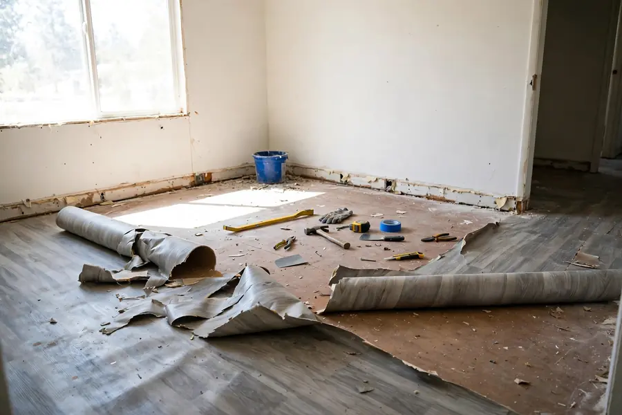 Cleared room with trim removed and vinyl flooring partly lifted