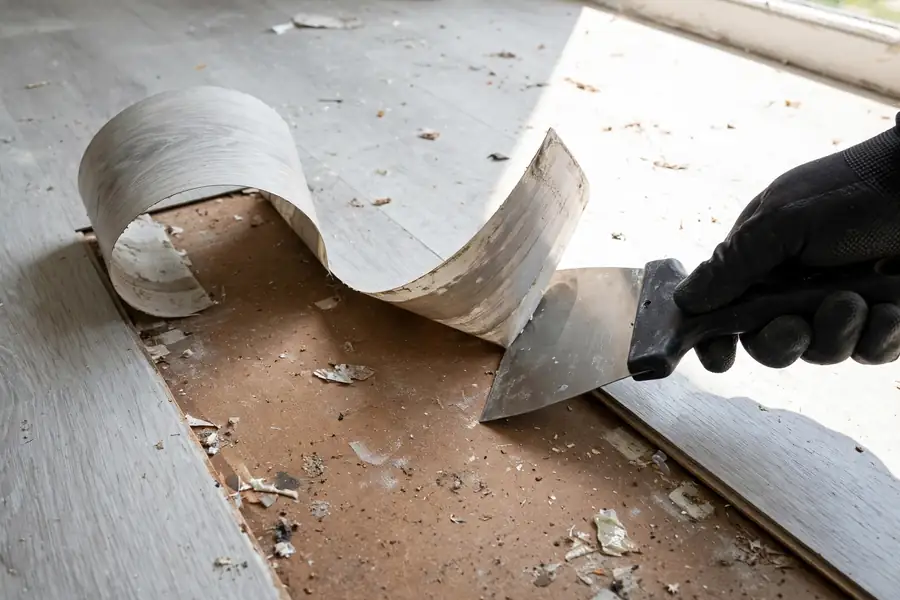 Vinyl floor strip being peeled up with a flat scraper