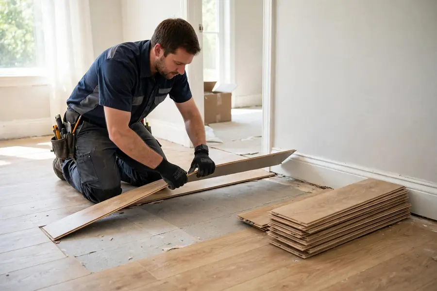 Worker lifting click-lock vinyl planks from a floor