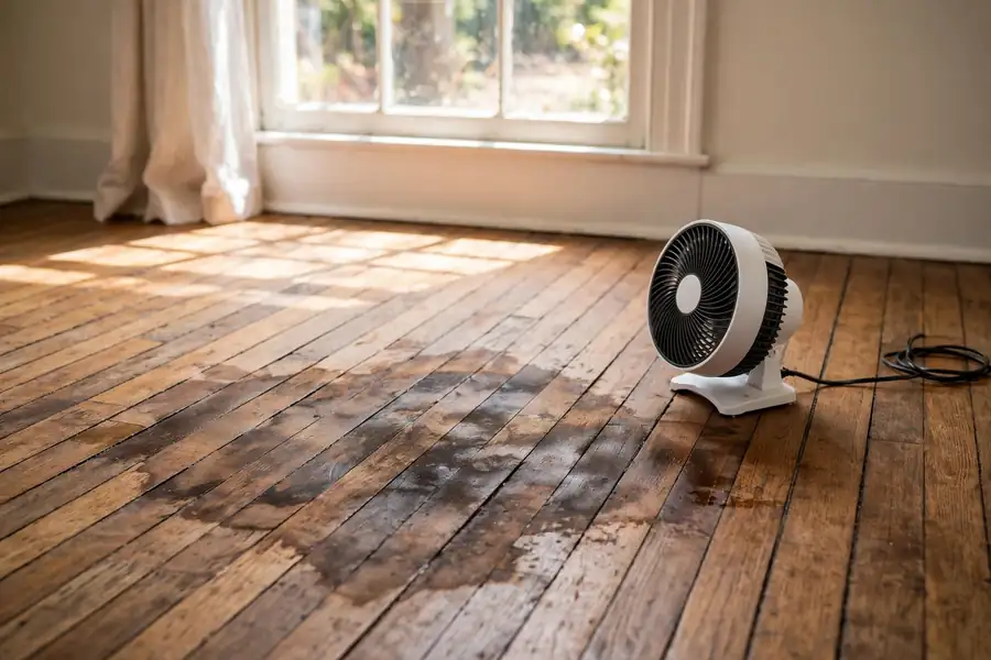 Dark water stain across hardwood floor planks with a fan drying the floor near a window