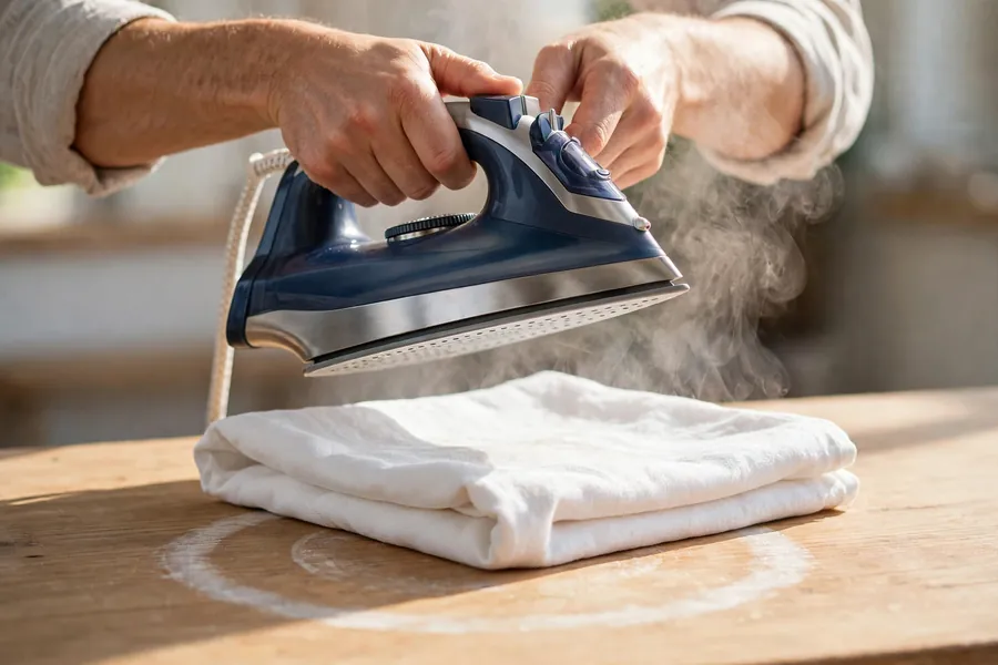 Hands holding a steam iron over a folded white cloth on a wood table