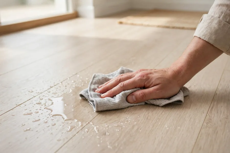 Hand blotting a water spill on a light laminate wood floor with a cloth
