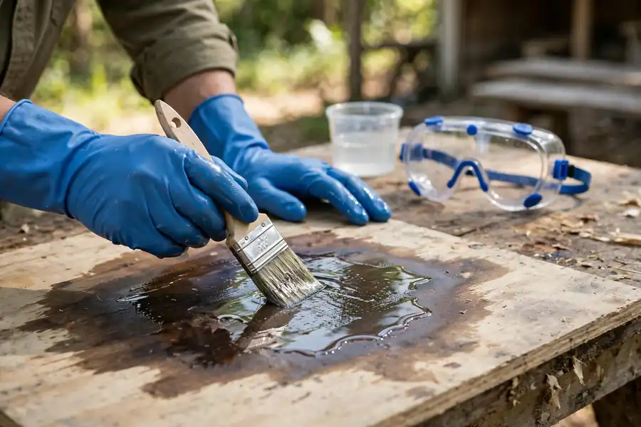 Blue gloved hands brushing liquid onto a dark stain on bare wood outdoors
