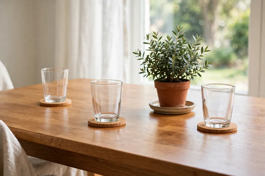 Glasses on cork coasters and a potted plant in a saucer on a wood table
