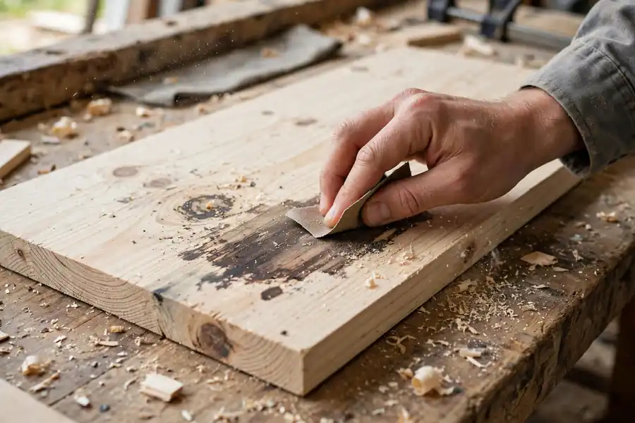 Hand sanding a dark water stain on a raw unfinished pine board
