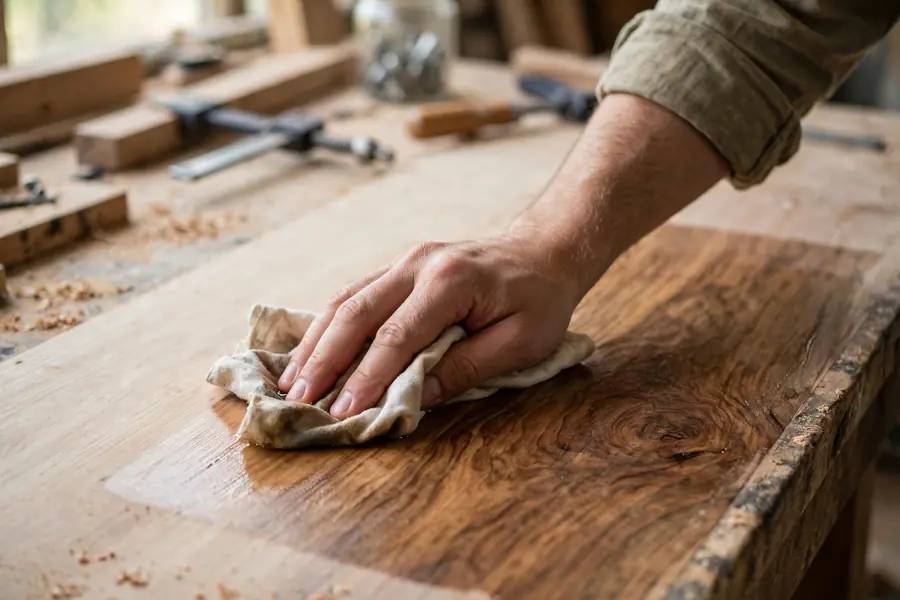 Hand wiping oil finish onto a sanded wood tabletop with a cloth in a workshop