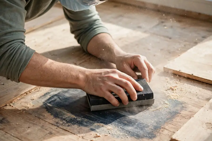 Hands sanding a dark water stain on bare wood floor boards with a sanding block