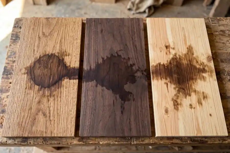 Oak, walnut, and pine boards side by side, each with a dark water stain