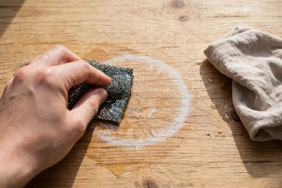 Hand buffing a white ring stain on wood with fine steel wool and oil