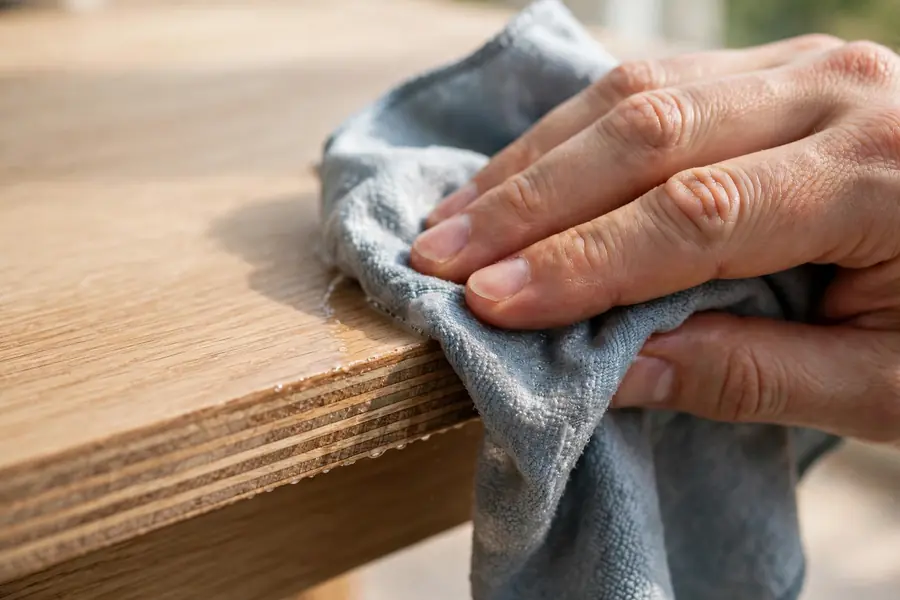 Hand wiping a thin veneer tabletop edge gently with a soft damp cloth