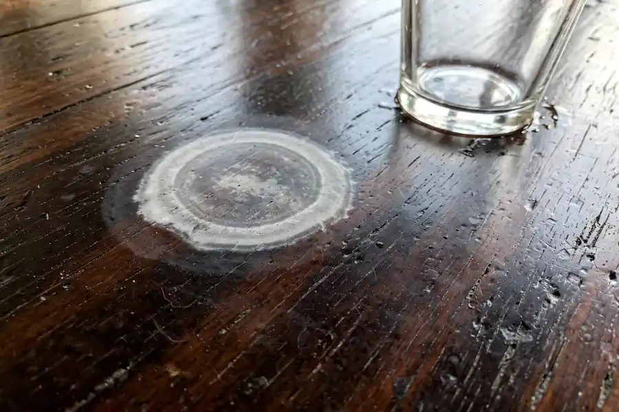 White water ring stain on a dark polished wood table beside a drinking glass