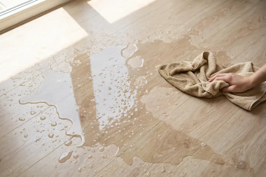 Water spill on a laminate floor being wiped up with a towel