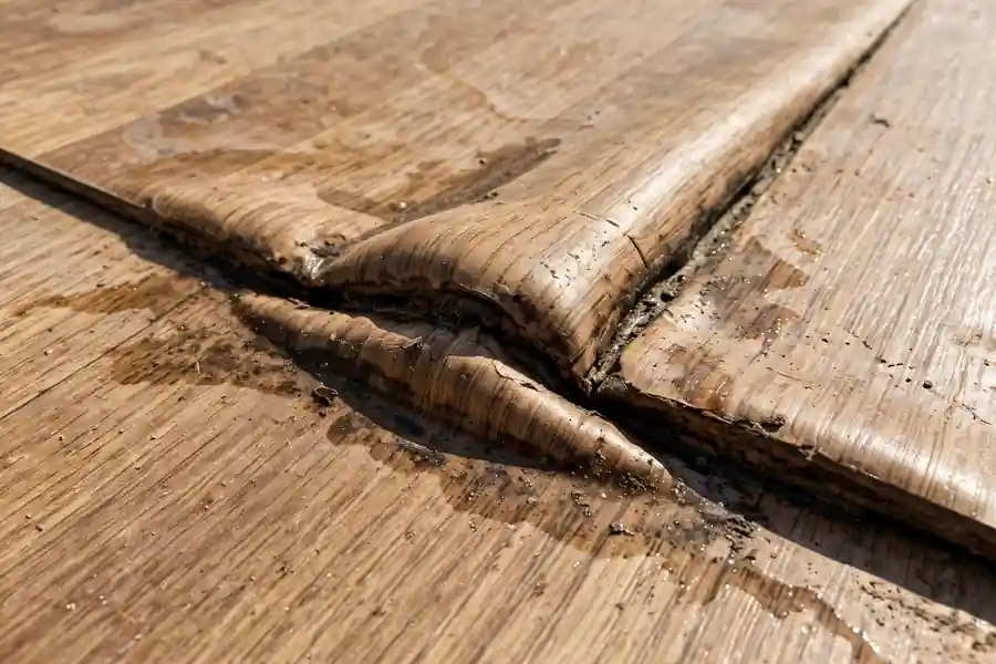 Close-up of swollen laminate floor edges with raised seams