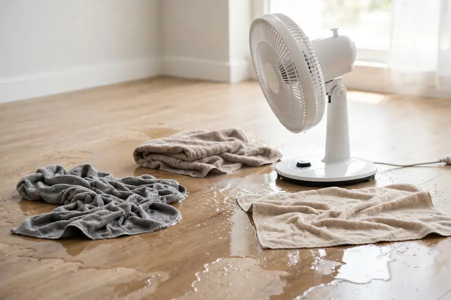 Towels and a fan drying a laminate floor after a spill