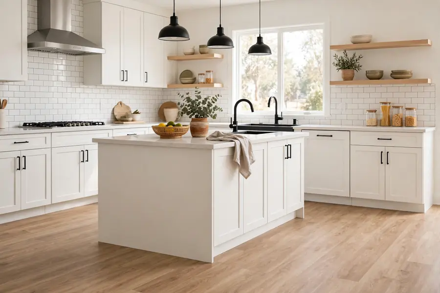 Bright kitchen with vinyl flooring