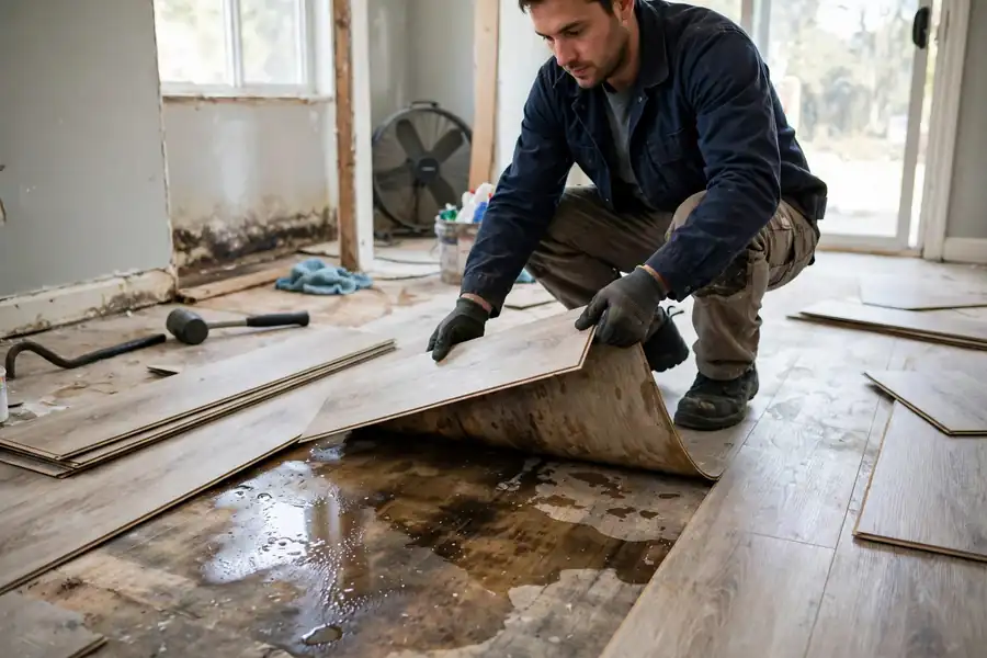 Worker lifting vinyl planks after a leak so the subfloor can dry