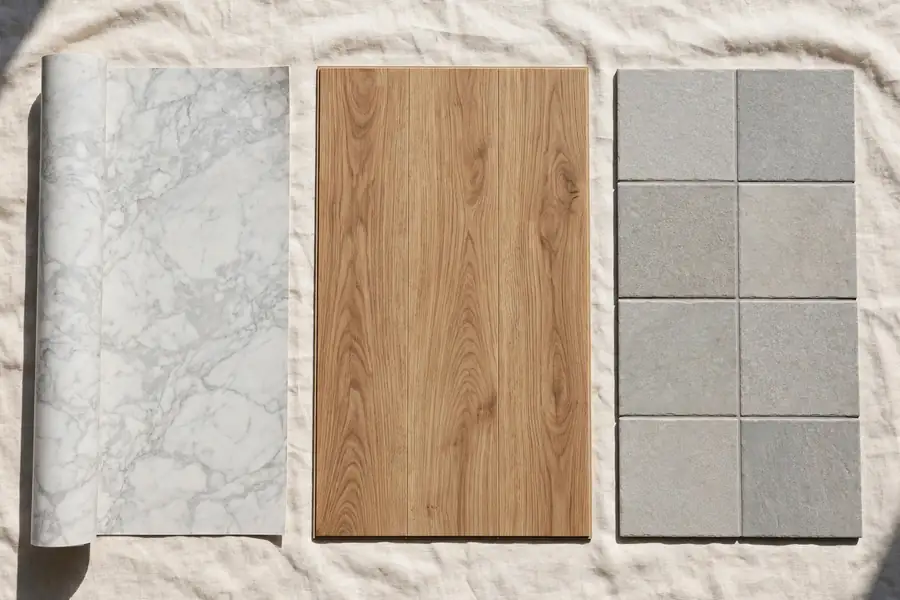 Different vinyl flooring types: sheet vinyl, SPC planks, and tiles