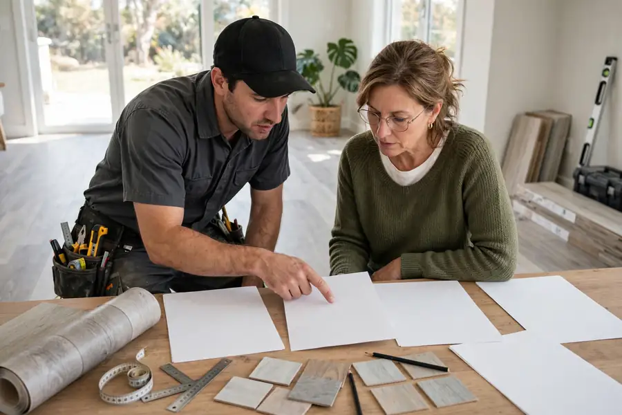 Flooring installer and homeowner reviewing paperwork together